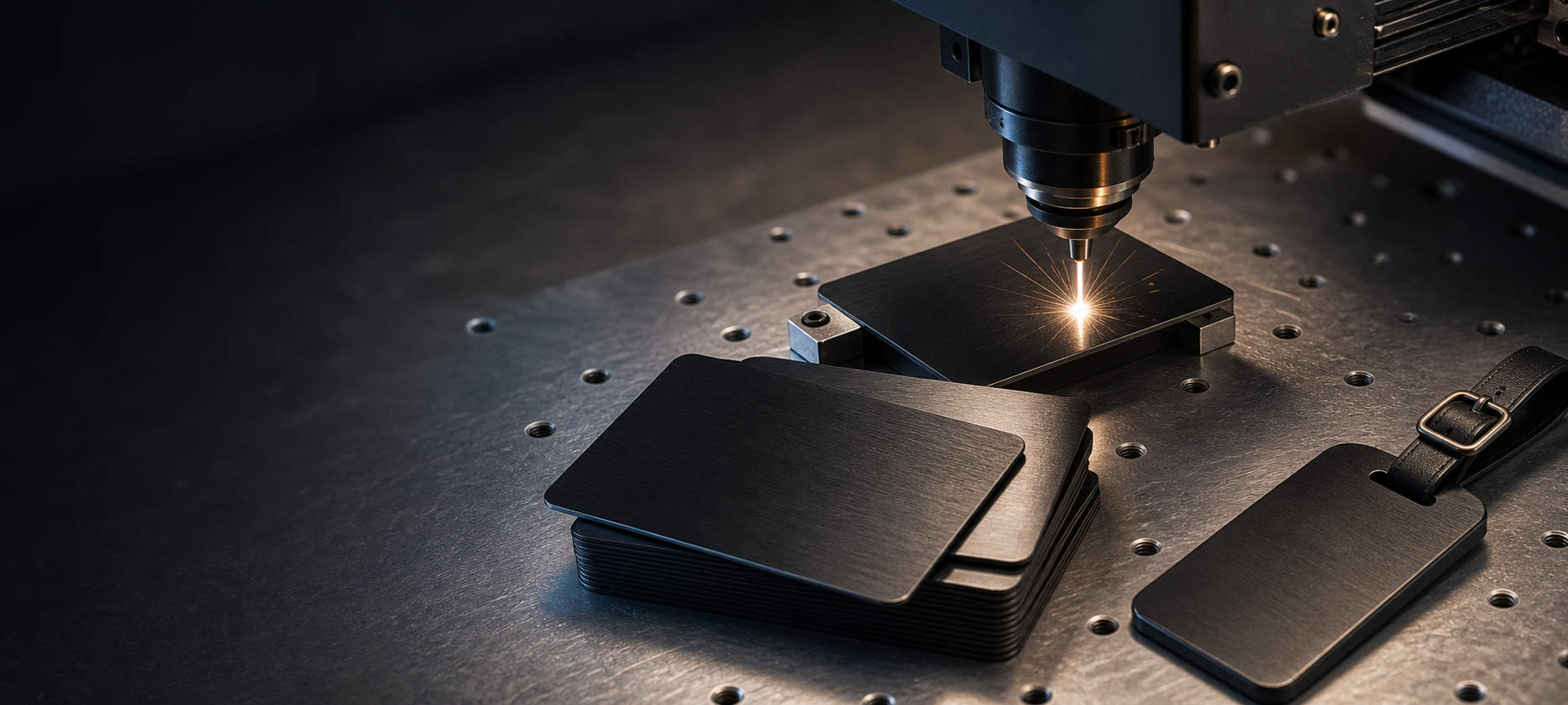 Laser engraver marking a blank metal card